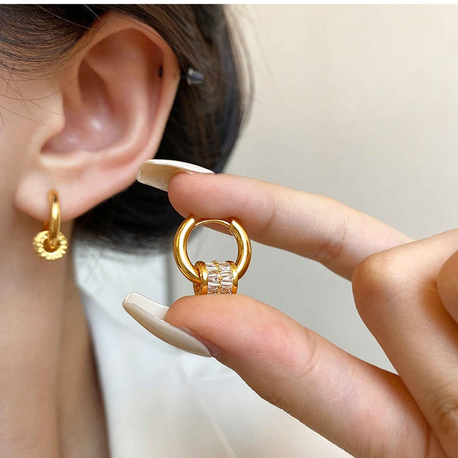 Small Chunky Hoop Earrings with Gold and Silver with Crystal Halo Hoop Drop Earrings S925 Silver Clasp