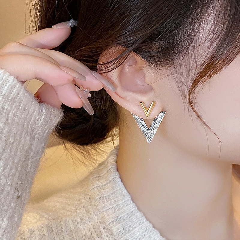 Luxury Double V Earring Jackets Gold and Crystal Drop Earrings S925 Silver Pin