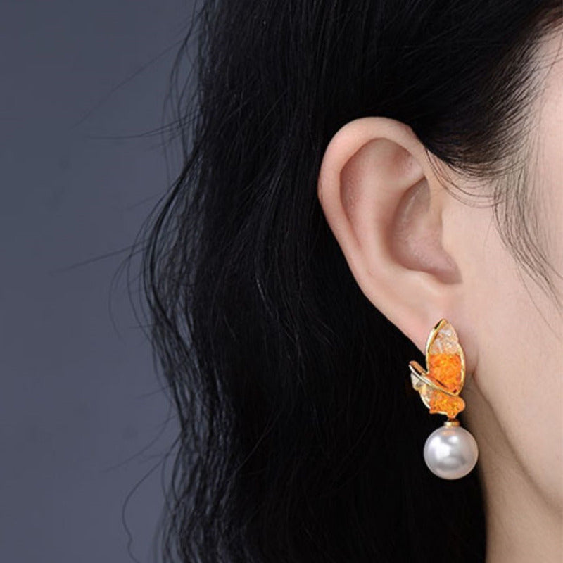 15MM Large Pearl Earrings Green Orange Crystal Leaf Shaped Earrings with S925 Silver Pins