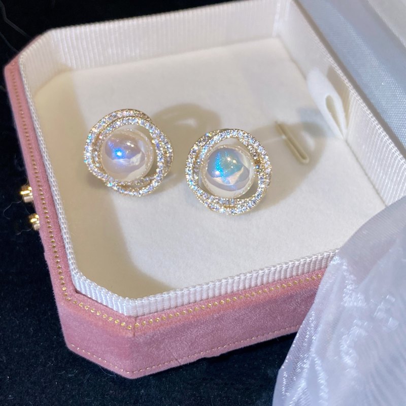 Moonstone And Crystal Earring Studs Opal Earring Clip and S925 Silver Pin