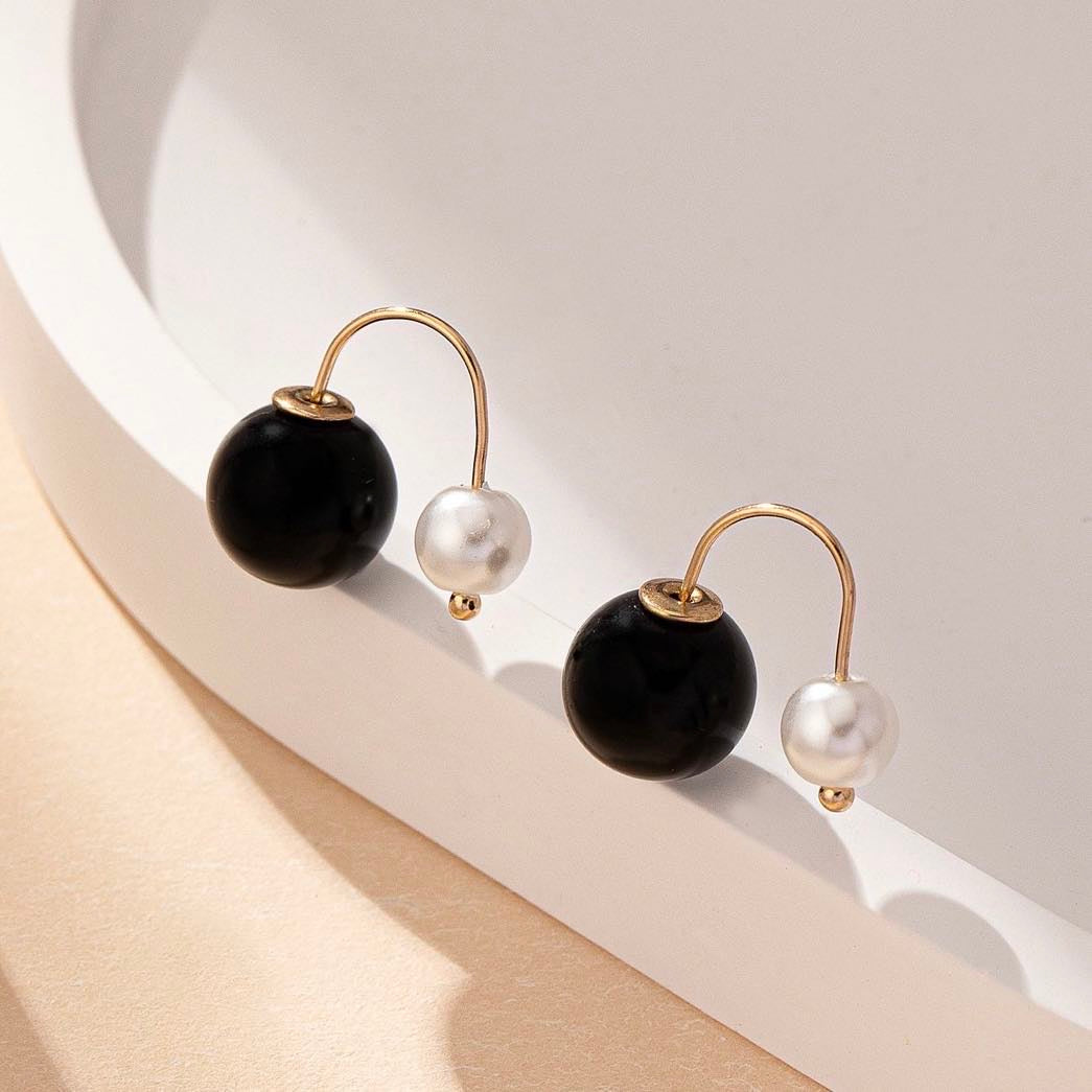 Black White Pearl Earrings Front and Back Pearl Stud Earrings 14k Gold Plated