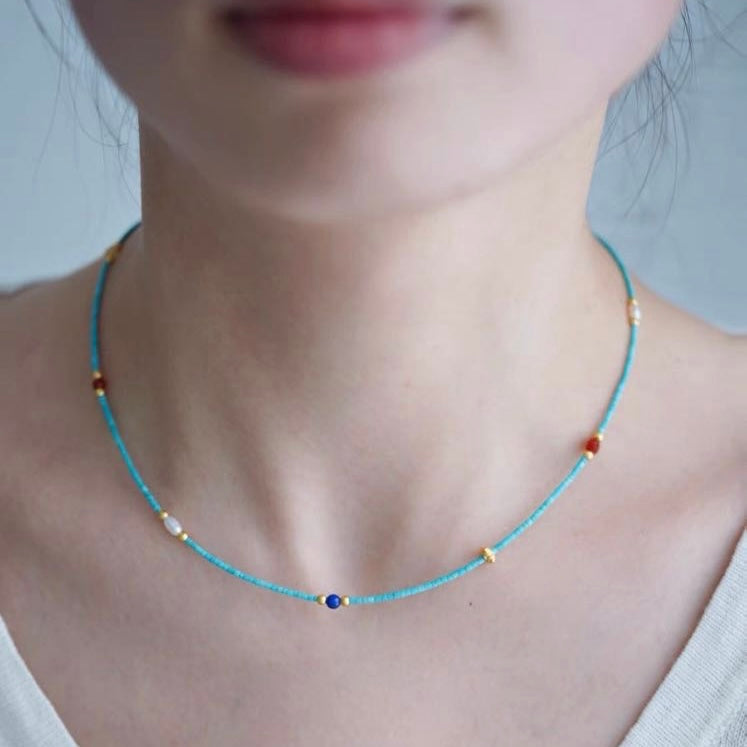 Turquoise Necklace Pearl and Natural Stone Necklace Luxury Blue Turquoise Chain 18 inch