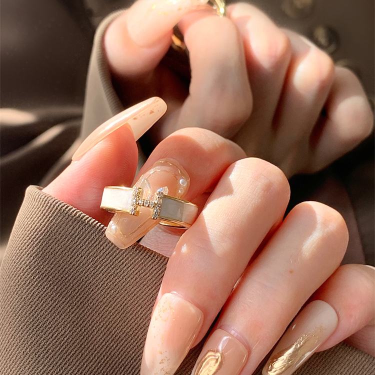 Enamel Adjustable Ring Crystal H Design Mother of Pearl Gold Open Ring