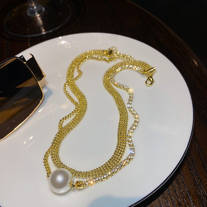 【Crazy Deal】13MM Pearl Pendant Necklace | Gold Double Chain Clavicle Chain | Crystal Chain and 14K Gold Plated