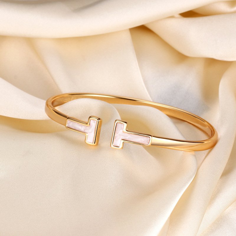 Double T White Mother of Pearl Bangle Classic 14K Gold Plated Bracelet