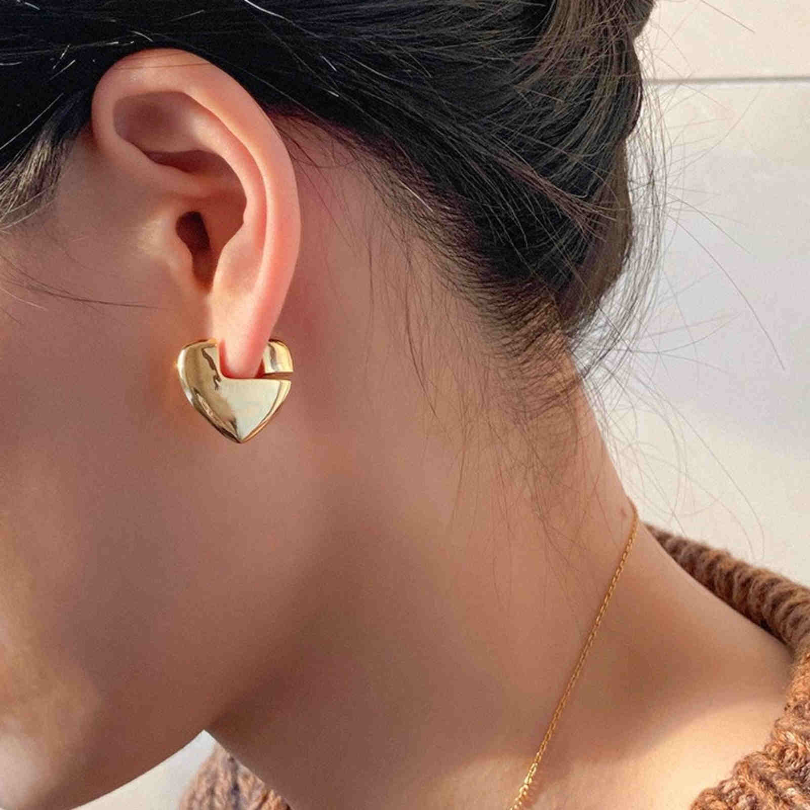 Chunky Gold Earrings Heart Shaped 18K Gold Hoop Earrings with Silver Pin