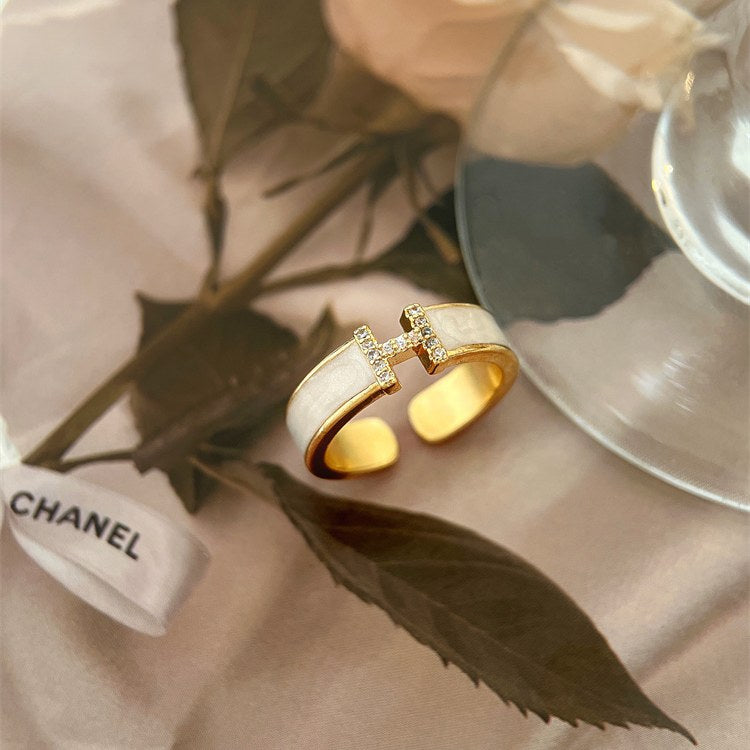 Enamel Adjustable Ring Crystal H Design Mother of Pearl Gold Open Ring