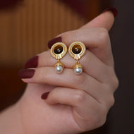 7MM Freshwater Pearl Drop Earrings Vintage Style Tiger Eye Stone Earrings with S925 Silver Pins