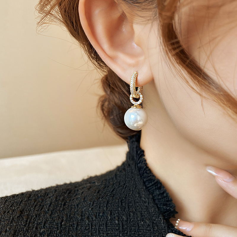 Pendientes colgantes de perlas blancas con aro de oro y diamantes, pasador de plata