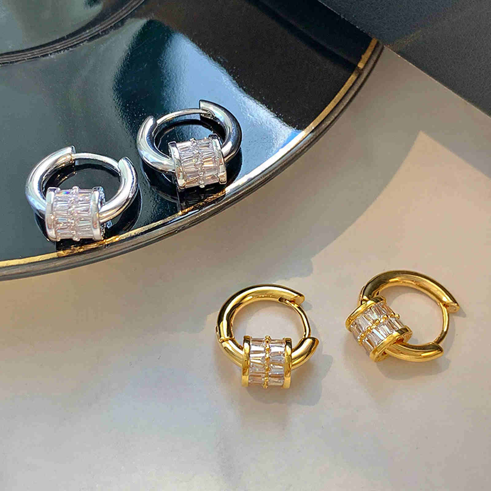Small Chunky Hoop Earrings with Gold and Silver with Crystal Halo Hoop Drop Earrings S925 Silver Clasp