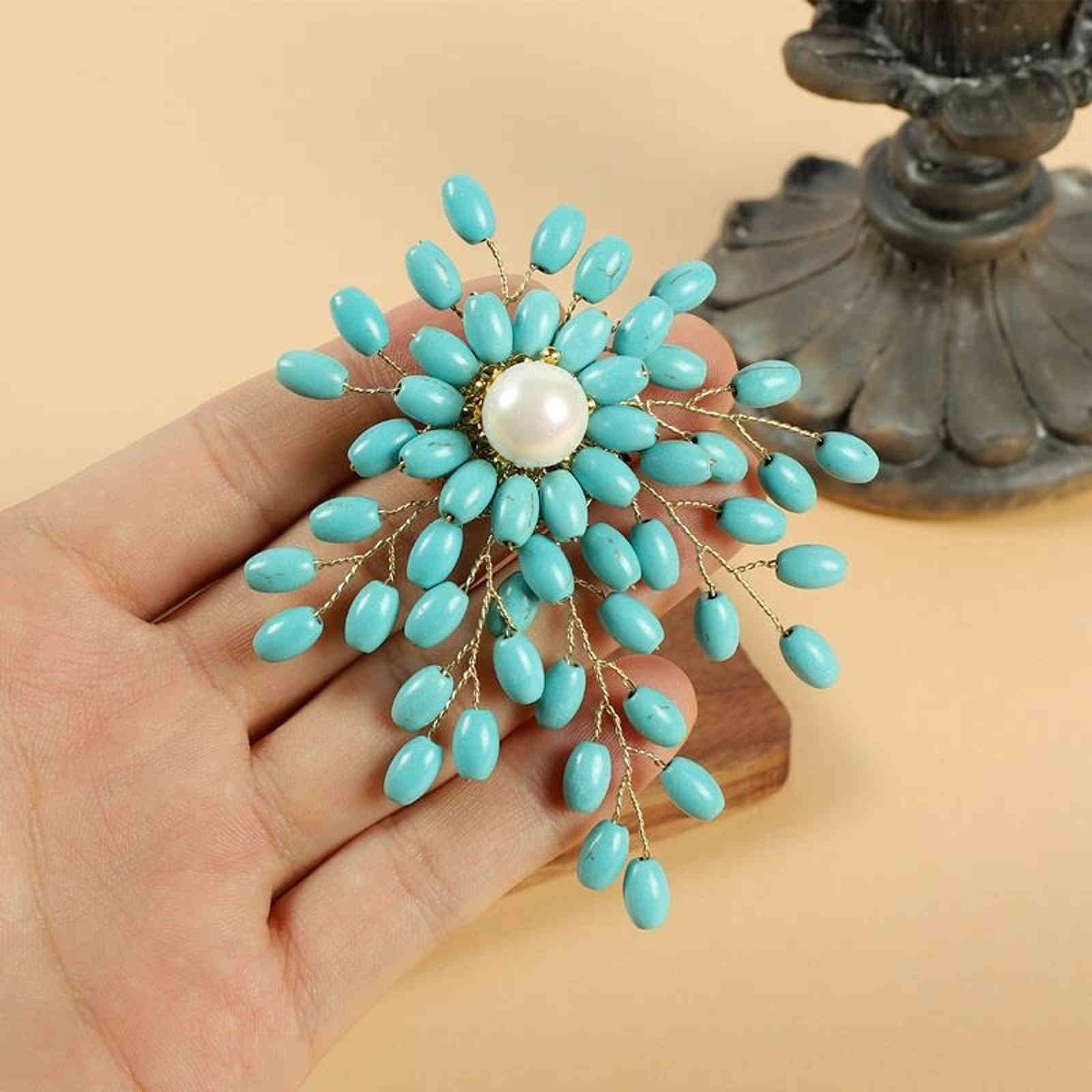 Vintage Style Large Pearl Brooch Pin Handmade Brooches Turquoise Red Coral Freshwater Pearl To Choose From