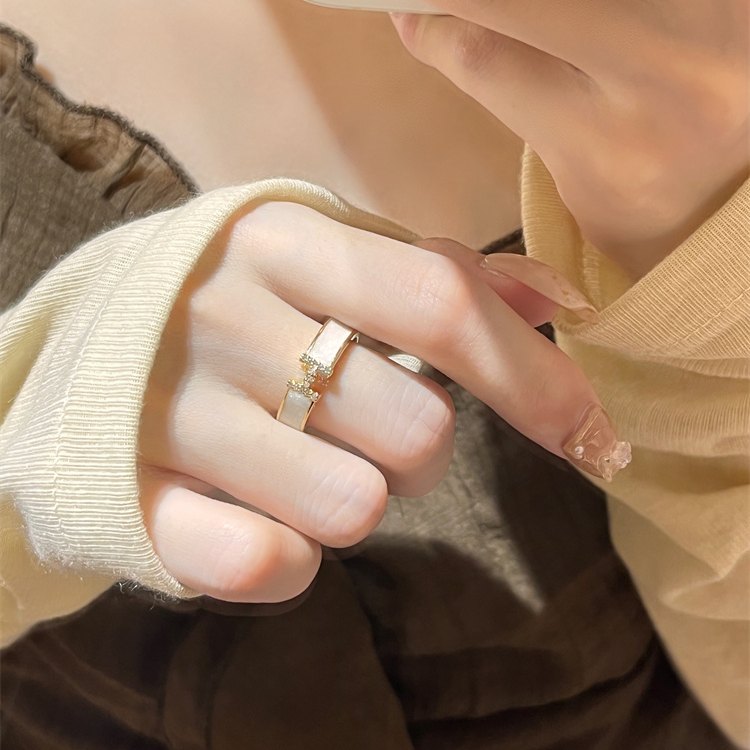 Enamel Adjustable Ring Crystal H Design Mother of Pearl Gold Open Ring