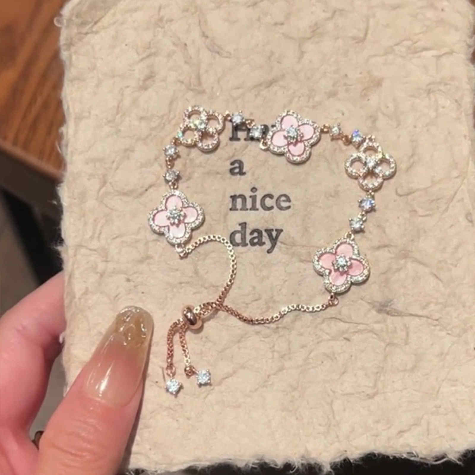 Crystal Clover Bracelets Luxury Style 14K Gold Plated Pink Clover Bracelet Length Adjustable