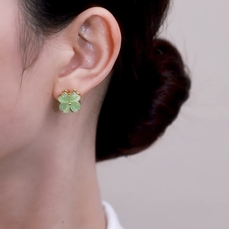 Opal Clover Stud Earrings Necklace and Rings White and Green Lucky Four Leaf Jewelry Set