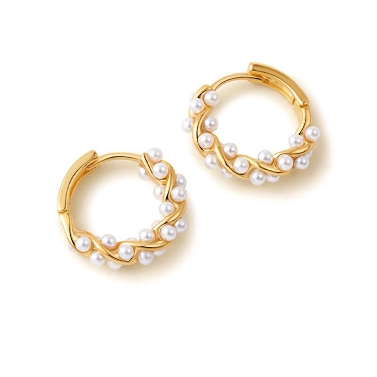 Pendientes de aro de perlas retorcidas | Pendientes de aro de perlas con alfileres de plata de ley para mujer