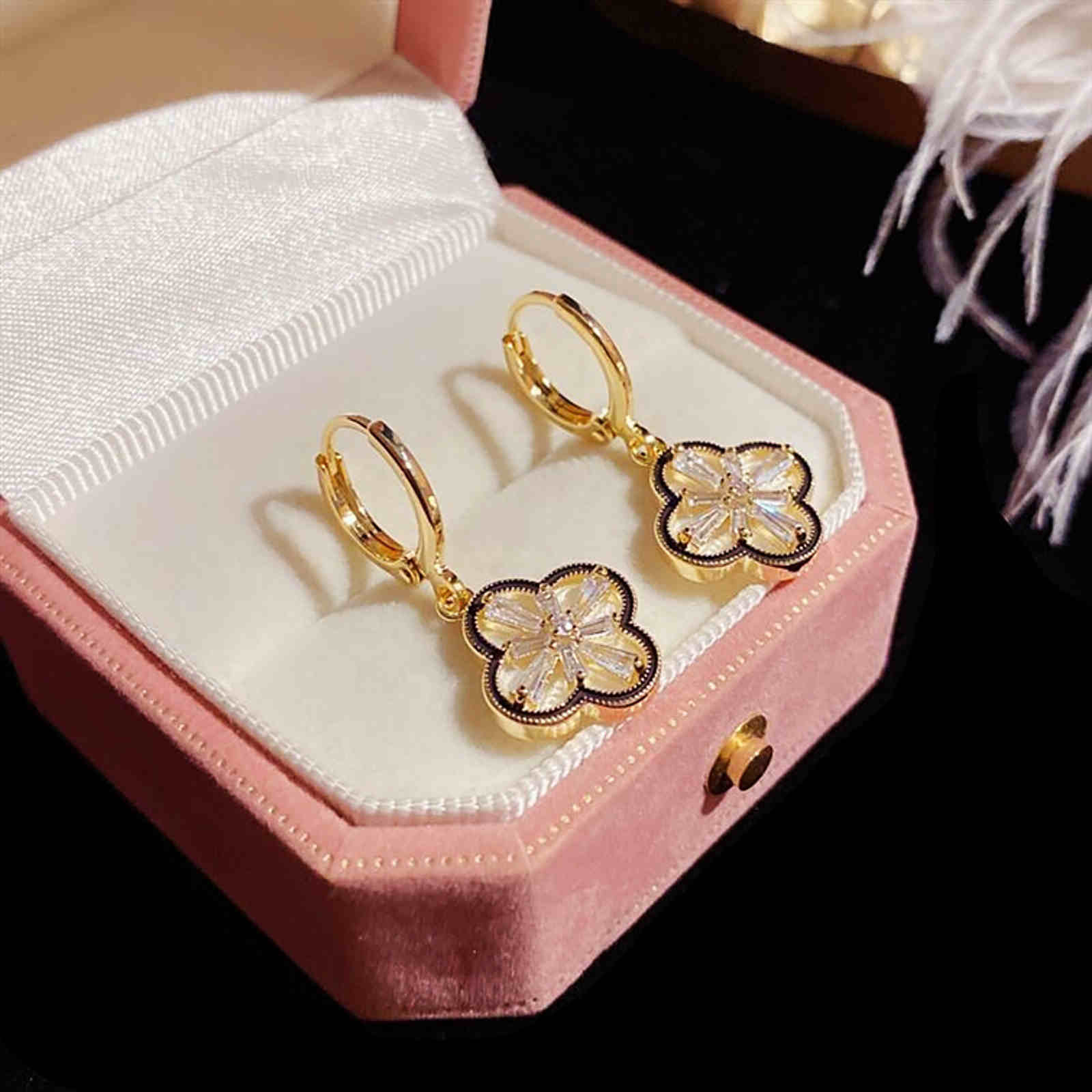 Diamond Clover Earrings Gold Hoop Lucky Clover Drop Earrings with Sterling Silver Pins