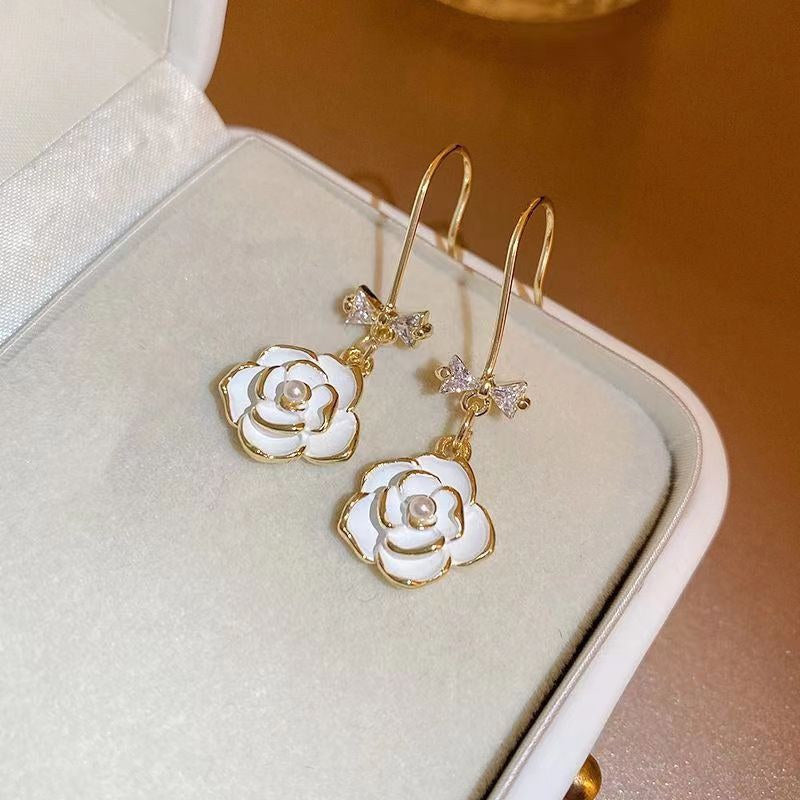 Gold Camellia Pearl Bracelet and Earrings | Double Strand Bracelets | Bow Earrings in 14K Gold Plated