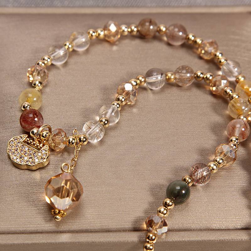 Multistrands Crystal Bracelet | Stacked Color Crystal Bracelet | Simple Longevity Lock Charm Strawberry Crystal Garnet Beaded Bracelet