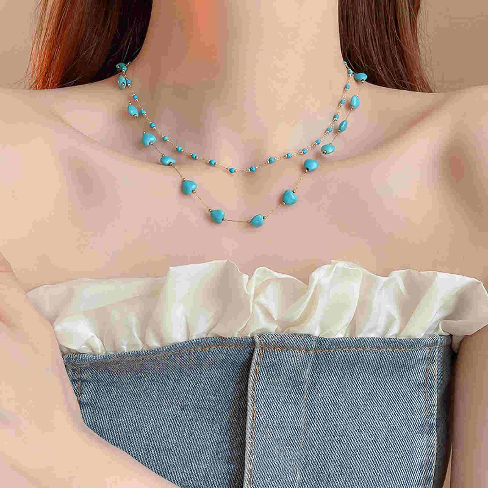 Turquoise Necklace Blue Stone Beaded Gold Plated Chain Necklace 2 styles 18inch 45cm