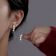 Sterling Silver Earrings Elegant 3 Pearl Drop Hoop Earrings S925 Silver