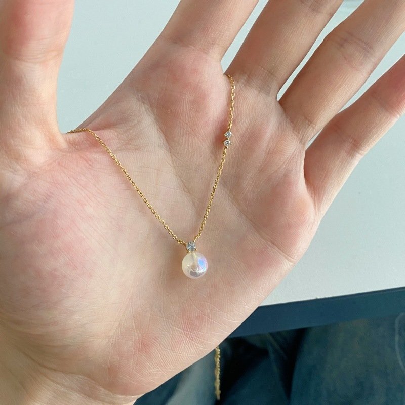 Opal Pearl Pendant Moonstone Diamond Necklace with 14k Gold Plated S925 Sterling Sliver Chain
