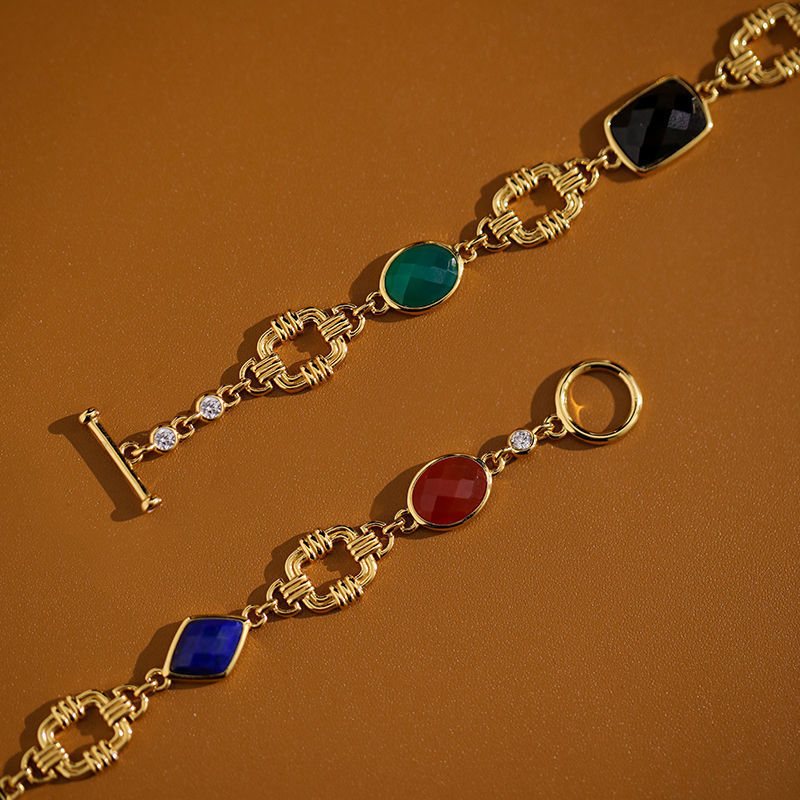 Designed Gold Bracelet Colored Stone and Zircon Bracelet with OT Clasp