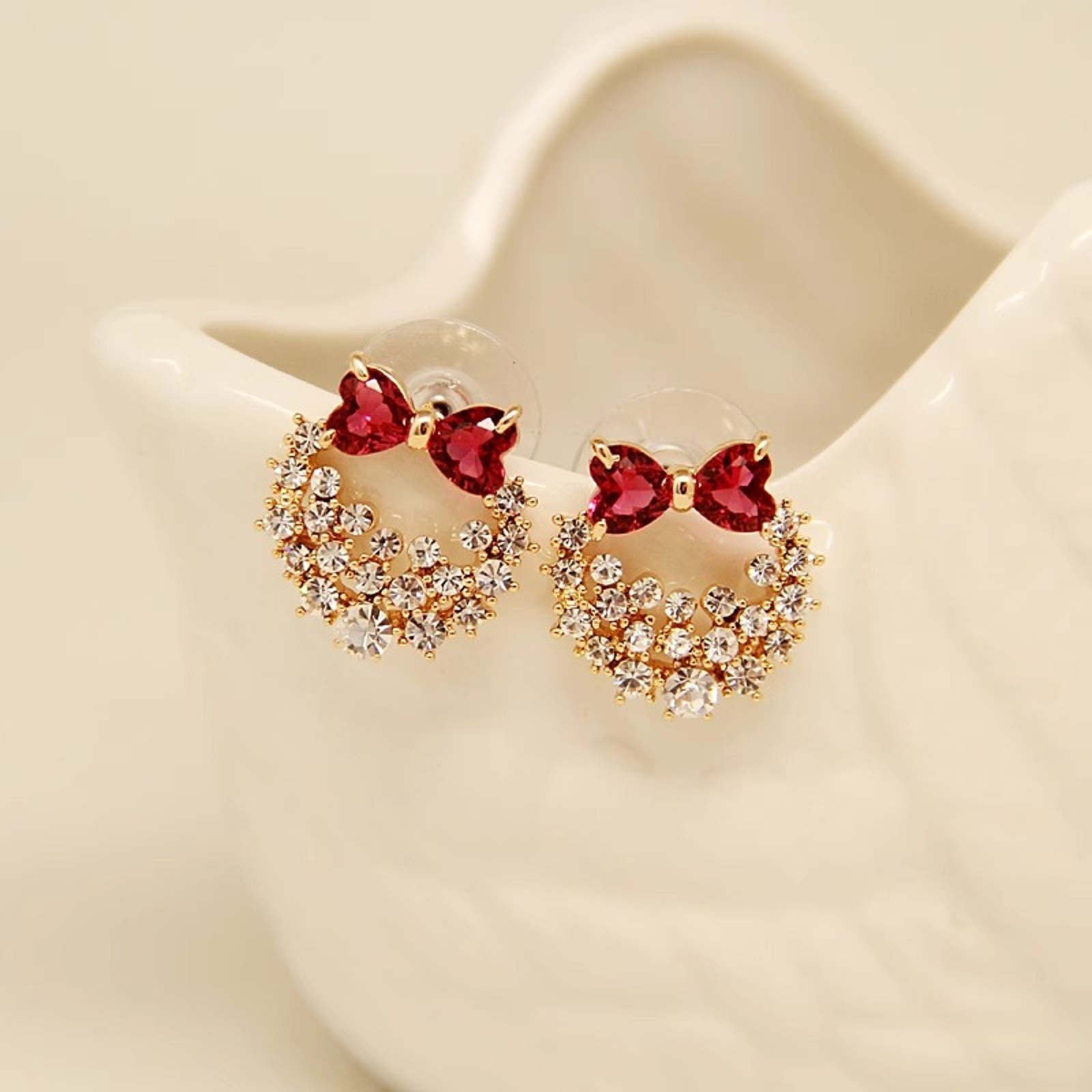 Xmas Crystal Earrings Bow and Wreath Designed Earring Studs with Silver Pin