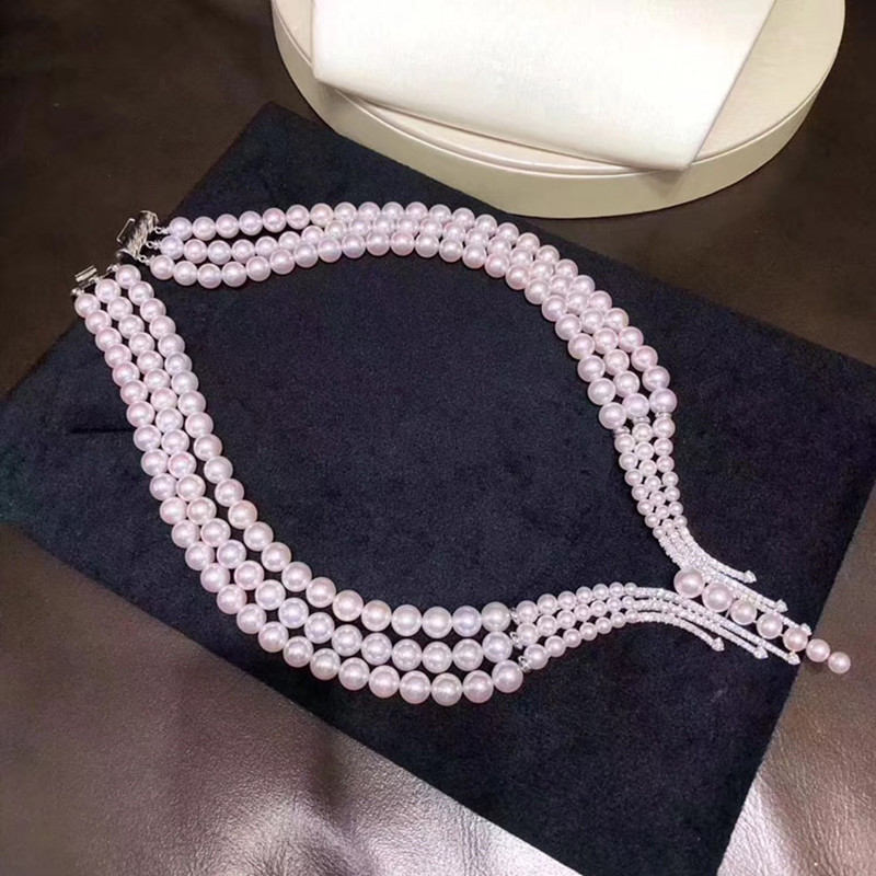 6MM Freshwater Pearl Necklace | Multi Strand White Real Pearl Necklace | Sterling Silver Pearl Necklace for Wedding