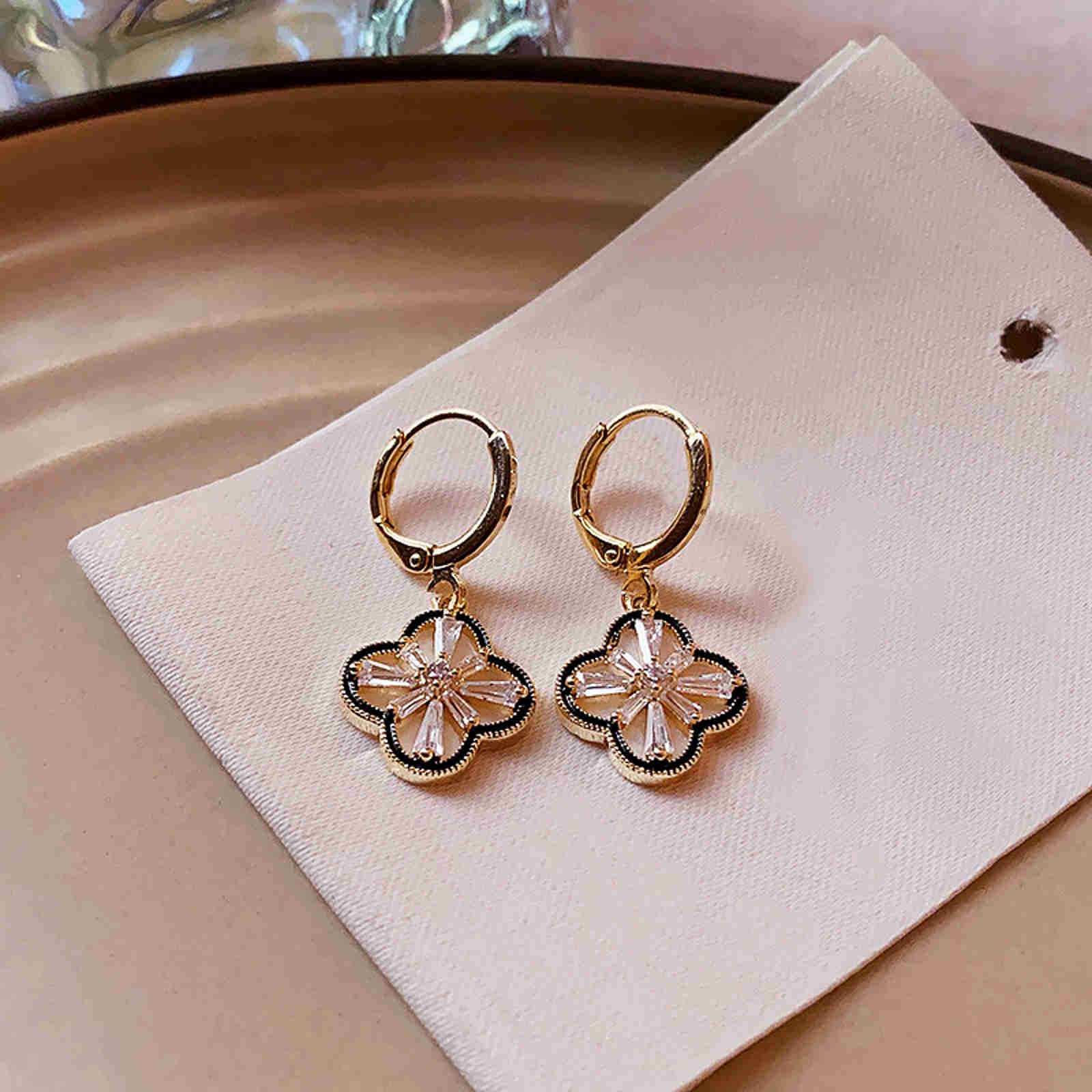 Diamond Clover Earrings Gold Hoop Lucky Clover Drop Earrings with Sterling Silver Pins