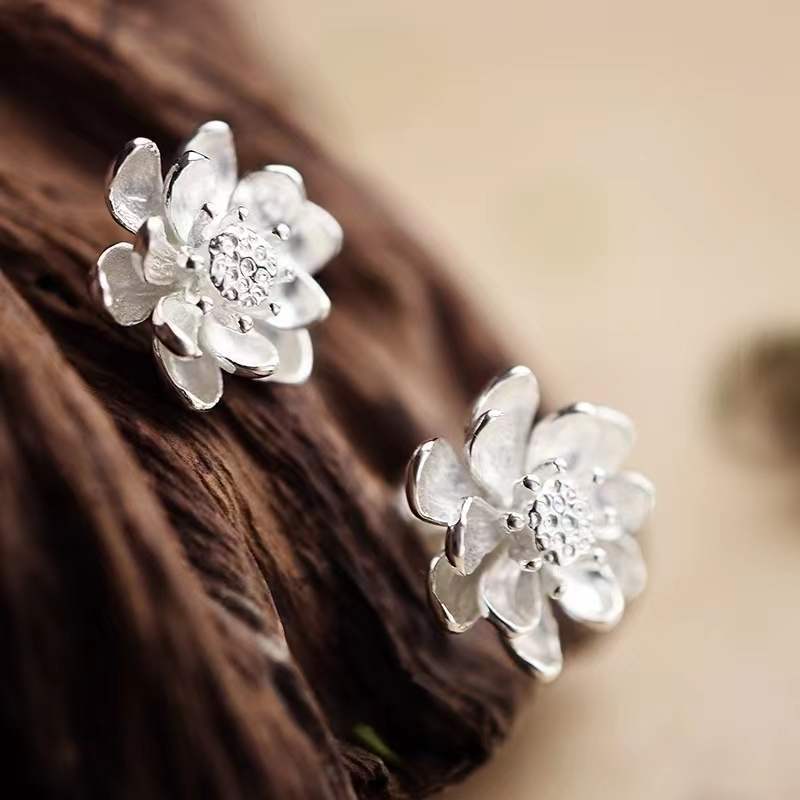 Pure Sterling Silver Lotus Stud Earrings Elegant Solid 999 Silver Stud