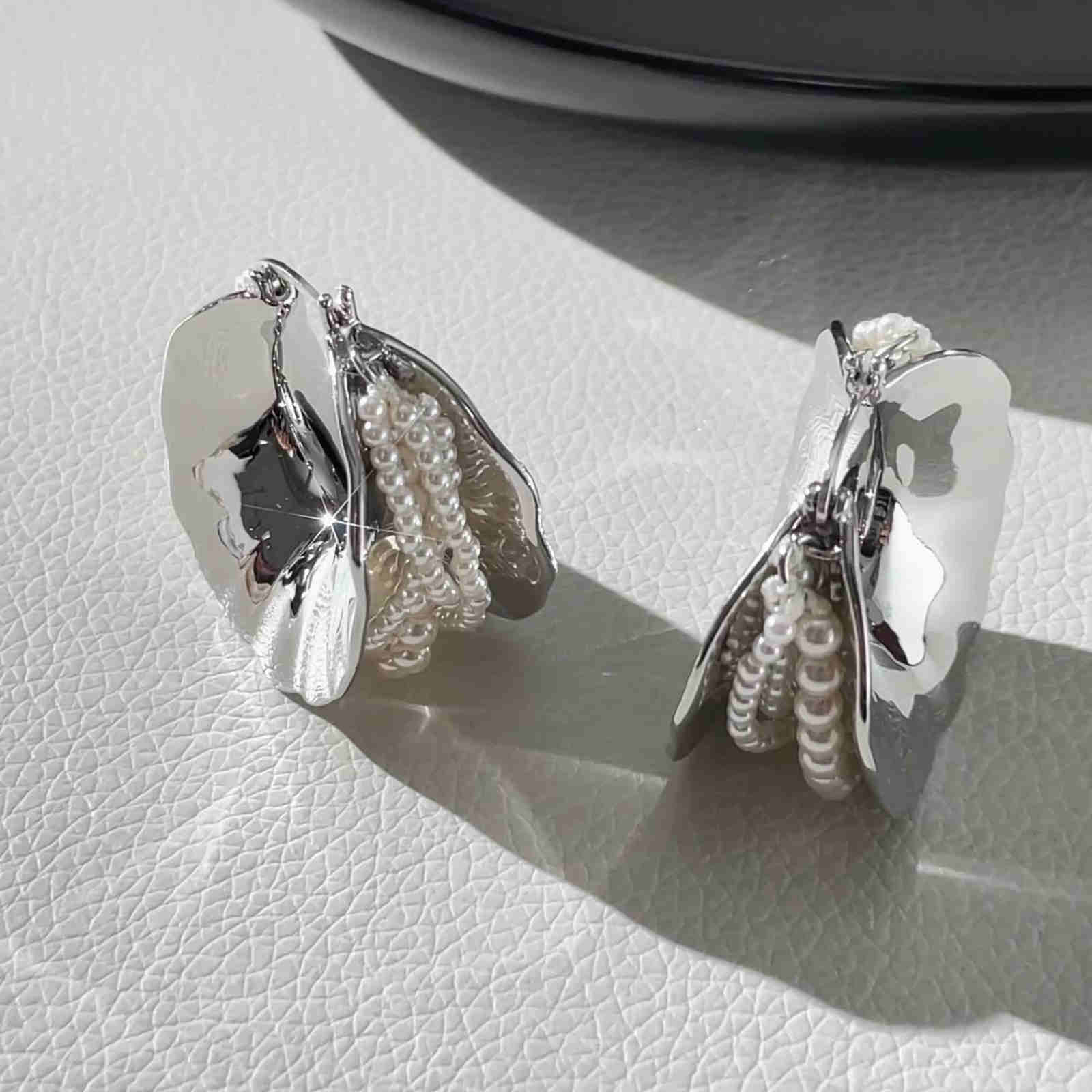 Super Big Hoop Earrings with Pearls Silver Chunky Huggie Designed Earrings