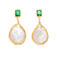 Real Baroque Pearl Drop Earrings 12mm Big AAA High Luster Pearl Earrings With Green Agate and S925 Silver Pin