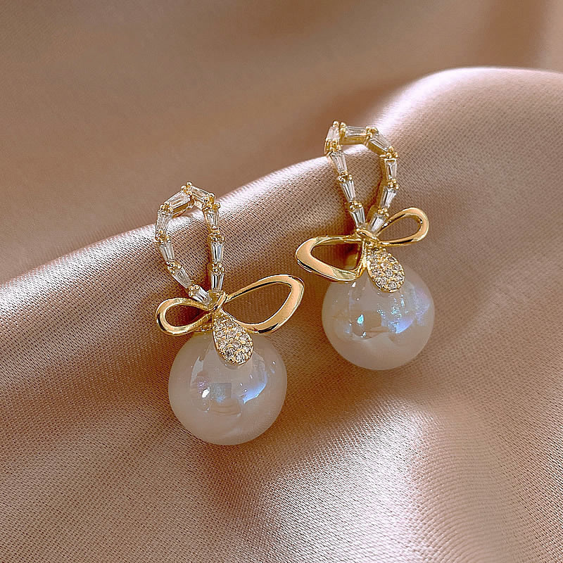Opal Drop Earrings Gold Bowknot Design Moonstone Earrings with S925 Silver Pin Gift for Girls