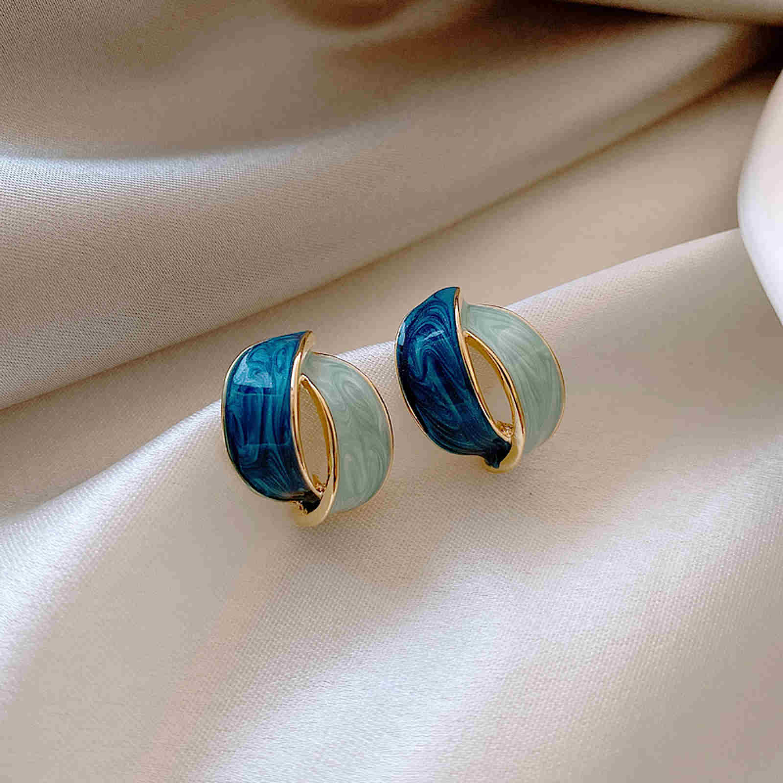 Fine Drip Glaze Stud Earrings Beautiful Blue Green Hoop Earrings