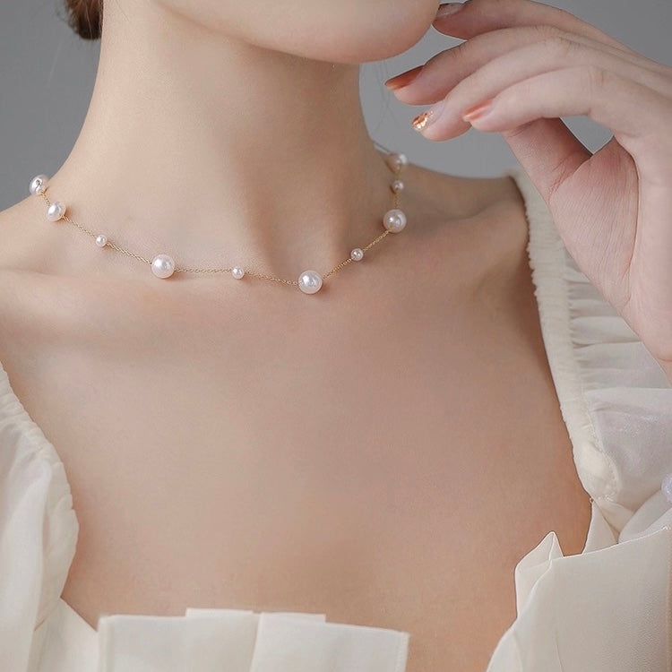 Scattered Pearl Necklace Tin Cup Pearl Necklace with Gold an Silver Plated Chain