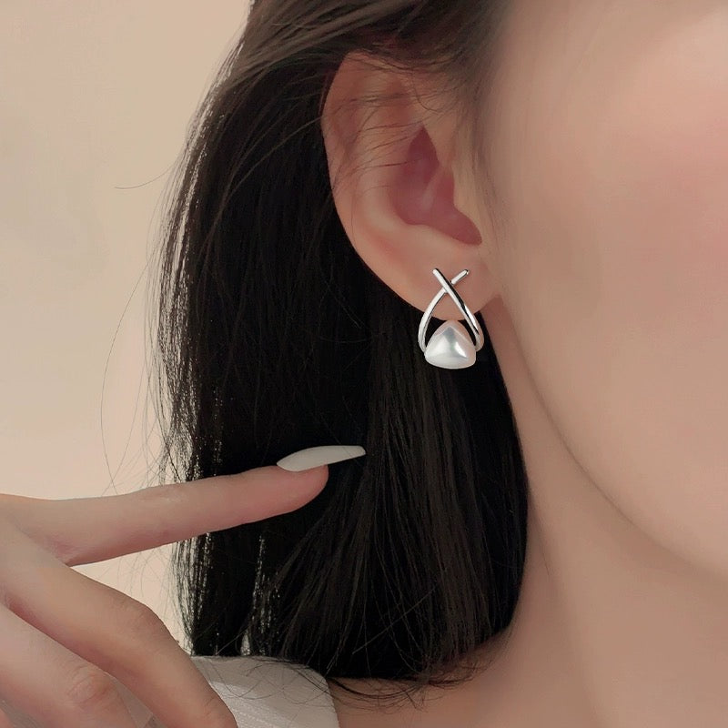 Triangle Pearl Earrings | X Shaped Shell Pearl Moonstone Earrings with Sterling Silver Pins