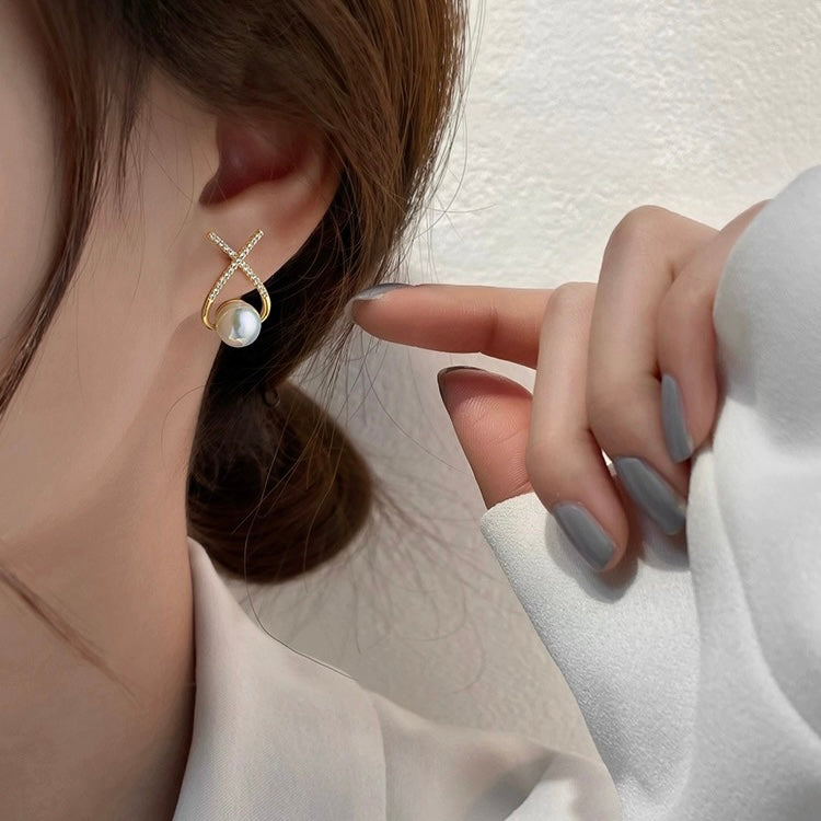 Triangle Pearl Earrings | X Shaped Shell Pearl Moonstone Earrings with Sterling Silver Pins
