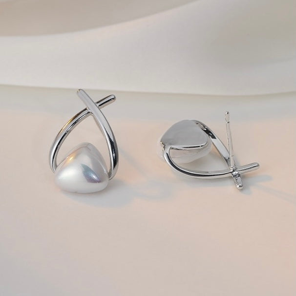 Triangle Pearl Earrings | X Shaped Shell Pearl Moonstone Earrings with Sterling Silver Pins