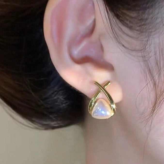 Triangle Pearl Earrings | X Shaped Shell Pearl Moonstone Earrings with Sterling Silver Pins