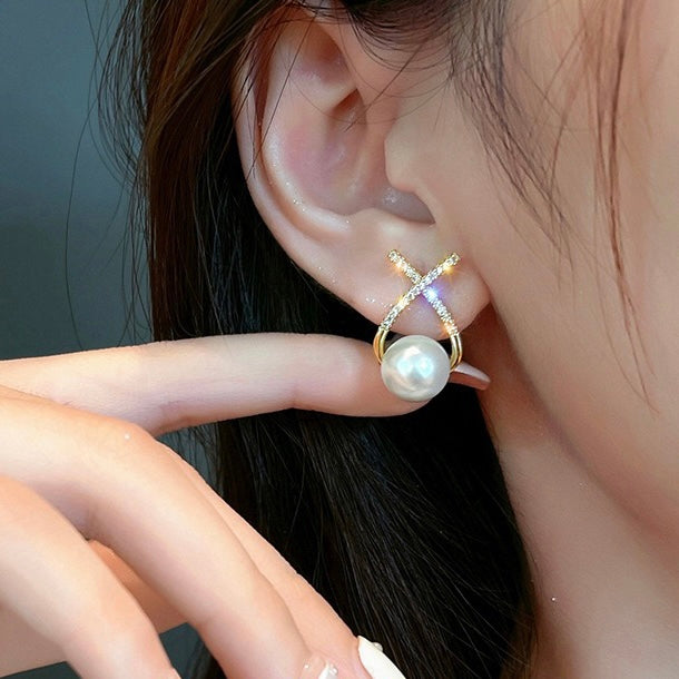 Triangle Pearl Earrings | X Shaped Shell Pearl Moonstone Earrings with Sterling Silver Pins