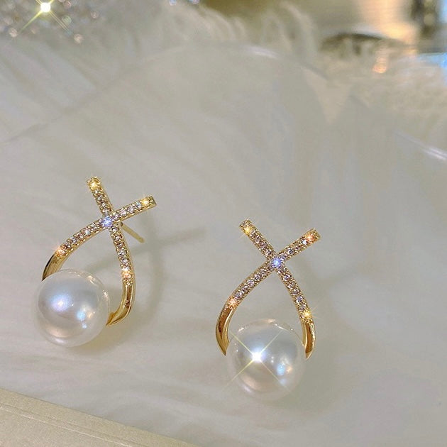 Triangle Pearl Earrings | X Shaped Shell Pearl Moonstone Earrings with Sterling Silver Pins