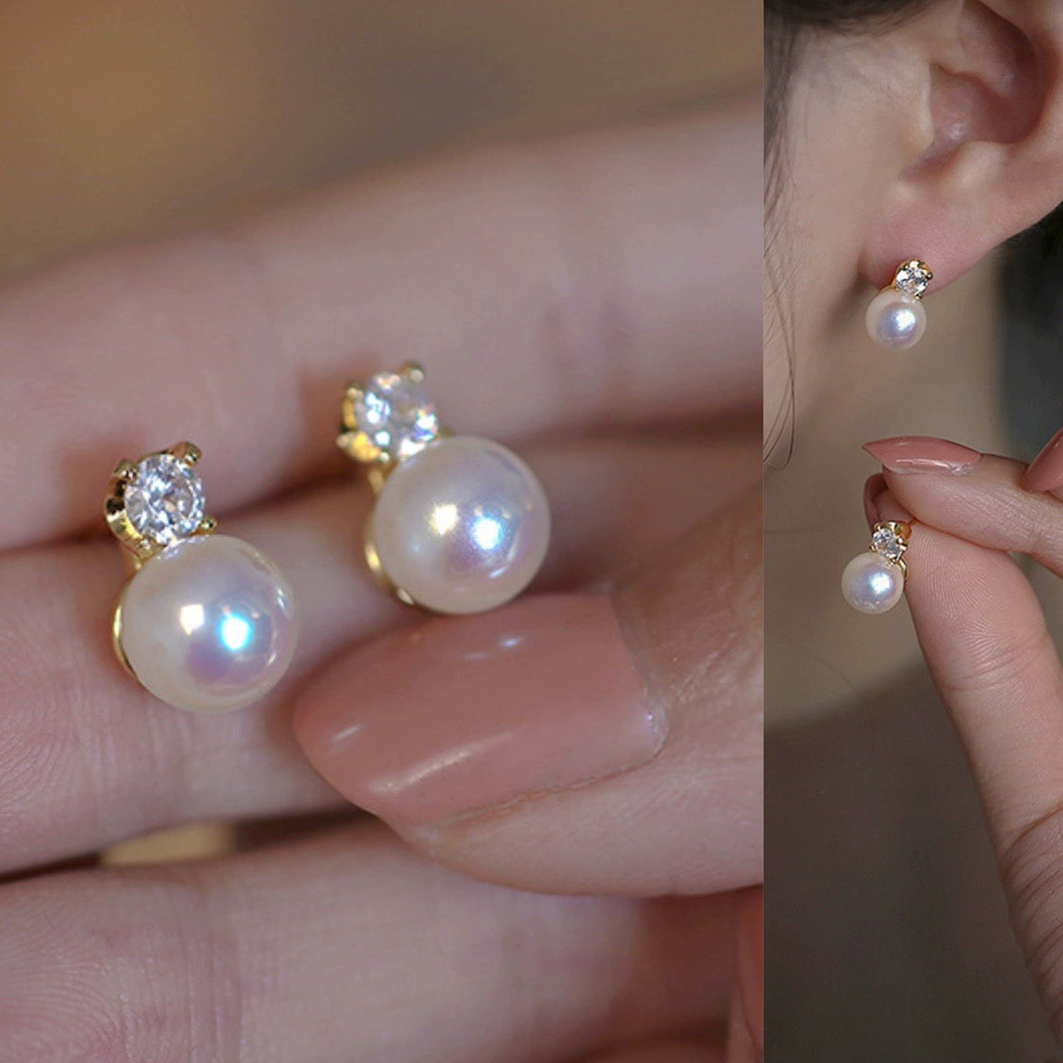 Moonstone Earring Studs Small Opal Pearl Drop with Diamond Earrings S925 Silver Pin