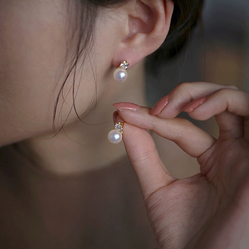 Moonstone Earring Studs Small Opal Pearl Drop with Diamond Earrings S925 Silver Pin