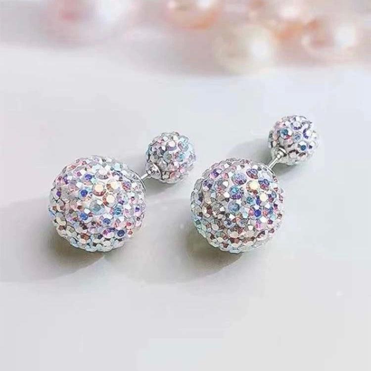Double Sided Earring Studs Bling Crystal Ball Zircon Stud Earrings with S925 Silver Pin