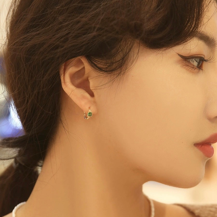 Petites boucles d'oreilles créoles en argent sterling massif avec cristal vert Boucles d'oreilles créoles en or et argent