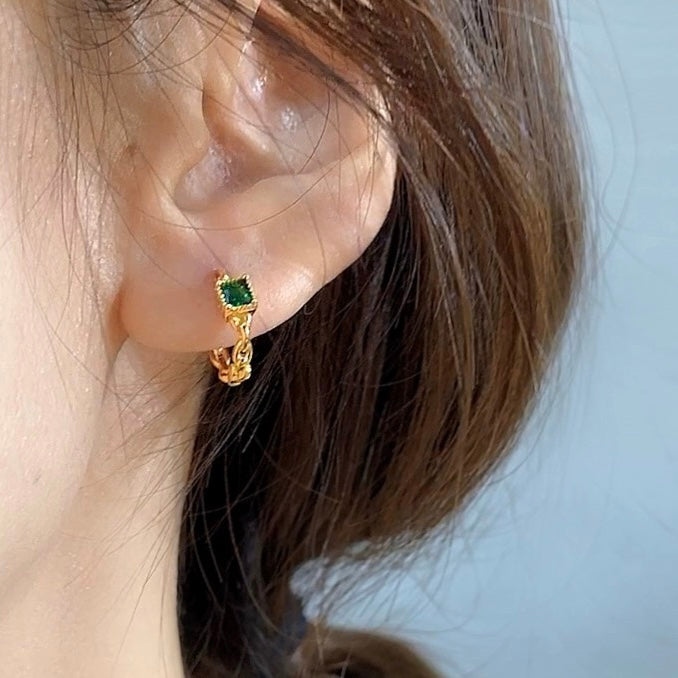 Petites boucles d'oreilles créoles en argent sterling massif avec cristal vert Boucles d'oreilles créoles en or et argent