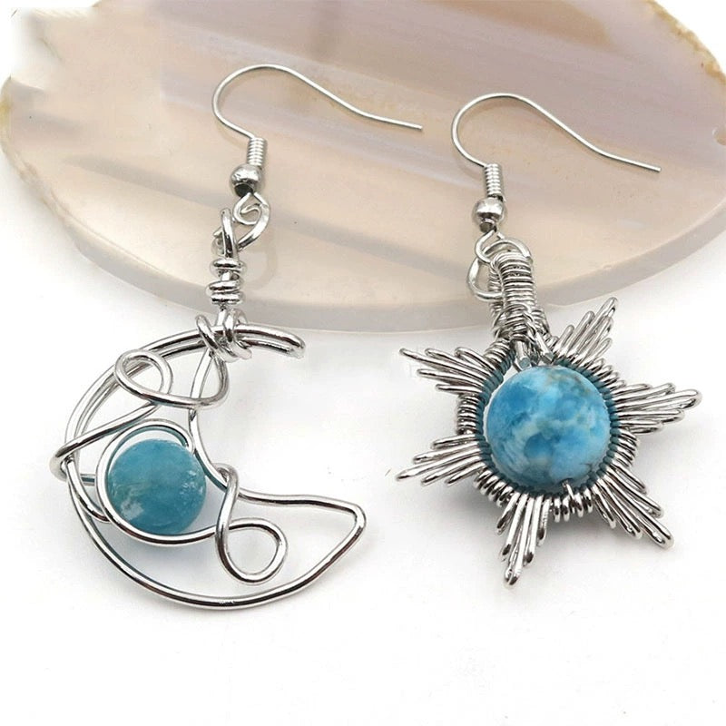 Asymmetrical Bohemian Earrings Moonstone Drop Earrings in Sun and Moon Design