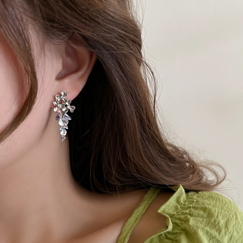 Pendientes colgantes con circonita, clip y alfiler, elegantes pendientes con tema de uva en plata de ley