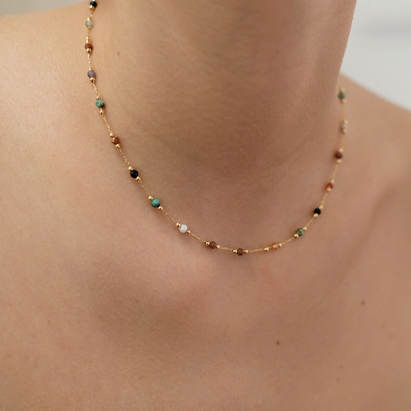Natural Stone Gold Chain Chic Necklace Colorful Stone With 14K Gold Plated Clasp