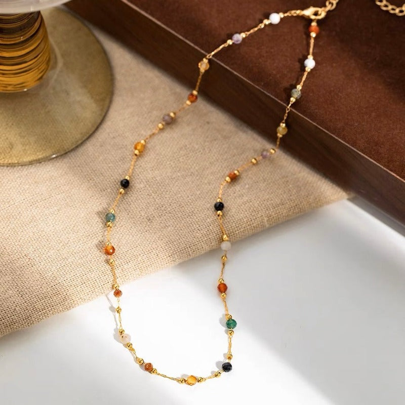 Natural Stone Gold Chain Chic Necklace Colorful Stone With 14K Gold Plated Clasp